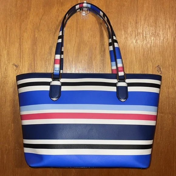 •KATE SPADE•RED/WHITE/BLUE/BLACK STRIPED LAUREL WAY DALLY MEDIUM ZIP TOP TOTE
